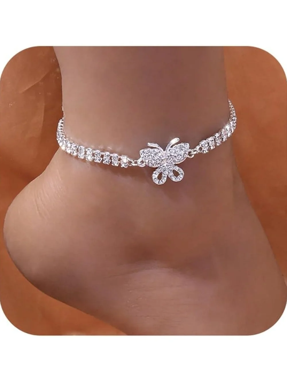 Silver Butterfly Rhinestone Anklet - Sparkling Clear Stones